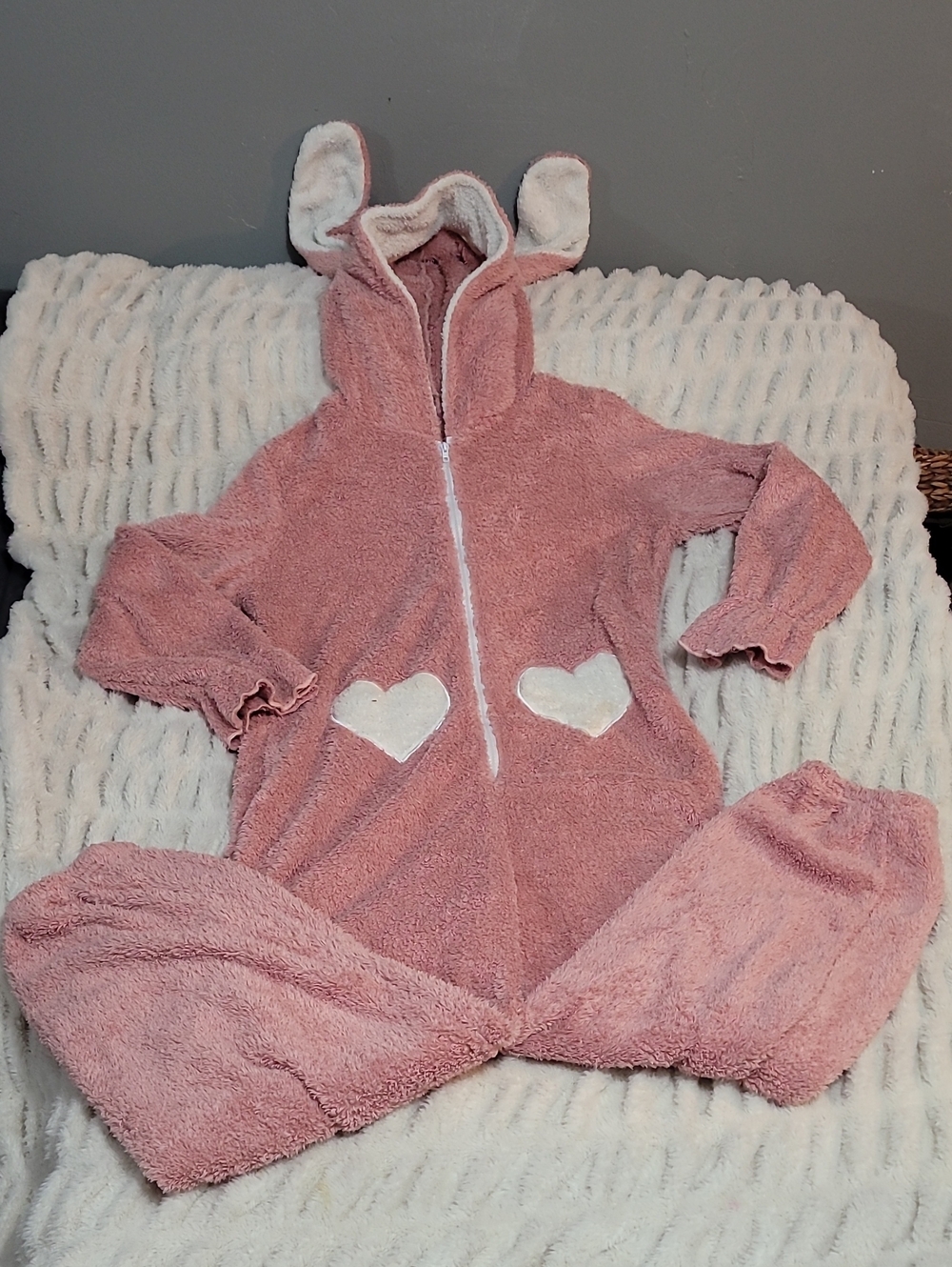 Womens Cozy Pink Heart Hooded Bunny Pajamas